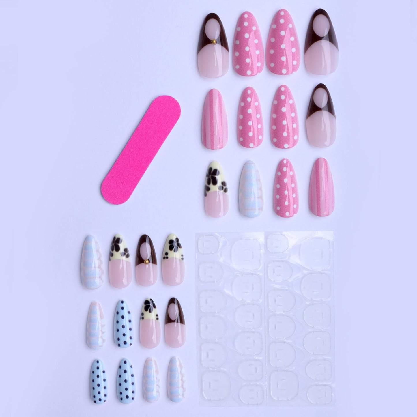 Long Press on Nails Almond Fake Nails French Artificial Nail Blue Tortoise Shell Designs Beach Stick on Nail for Women 24pcs