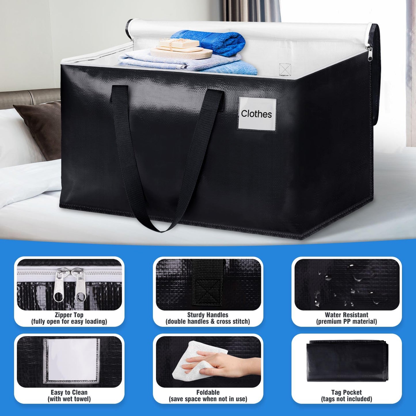 BlissTotes Moving Bags, Heavy Duty Moving Boxes with Zippers Top and Sturdy Handles, Storage Bags for Space Saving and Packing, Collapsible Moving Supplies, Storage Totes (76L, 8-Pack, Black)