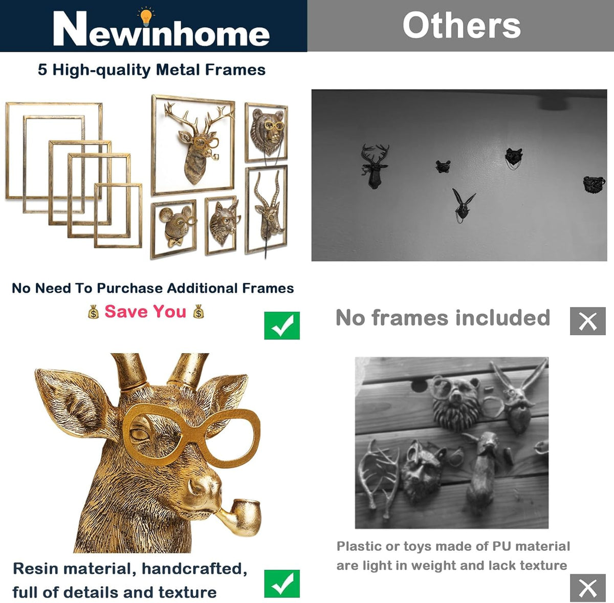 Animal Heads Wall Decor (5pcs, Includes Metal Frame) Resin Animals Sculptures Head Wall Hanging Decoration Gold vintage Wall Sculpture for Living Room Bedroom Office