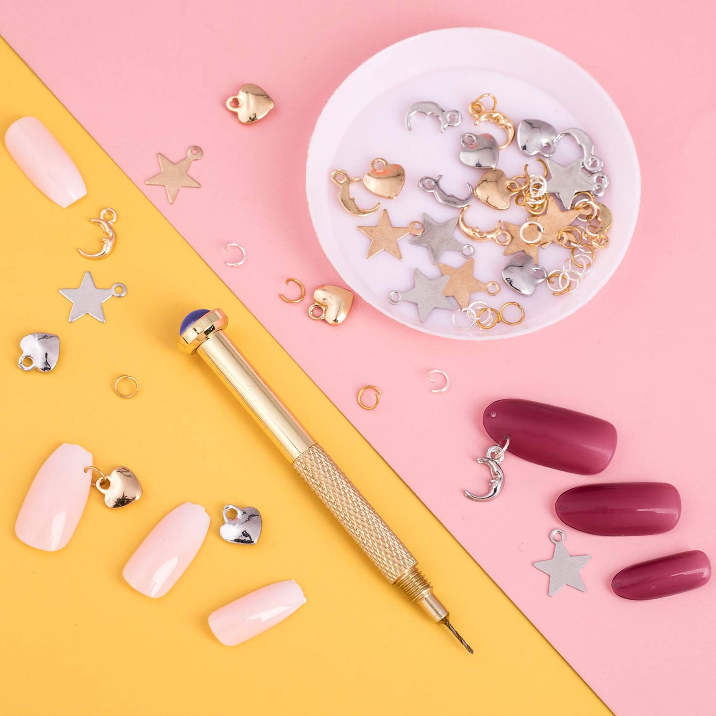 PAGOW 155 PCS Dangle Nail Art Charm, Nail Jewelry Rings with Nail Piercing Tool Hand Drill for Tips, Acrylic, Gels and Decorations