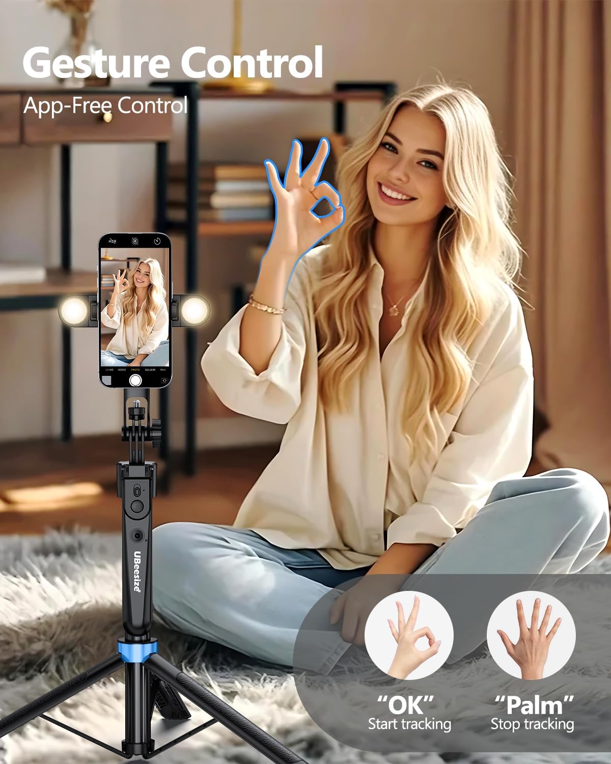 UBeesize 70'' Auto Face Tracking Tripod 360° Rotation with Stand, Phone Tripod with Fill Light, Selfie Stick & Phone Stand for Recording, Vlog/Live Stream/Video/TikTok, Compatible with iPhone/Android
