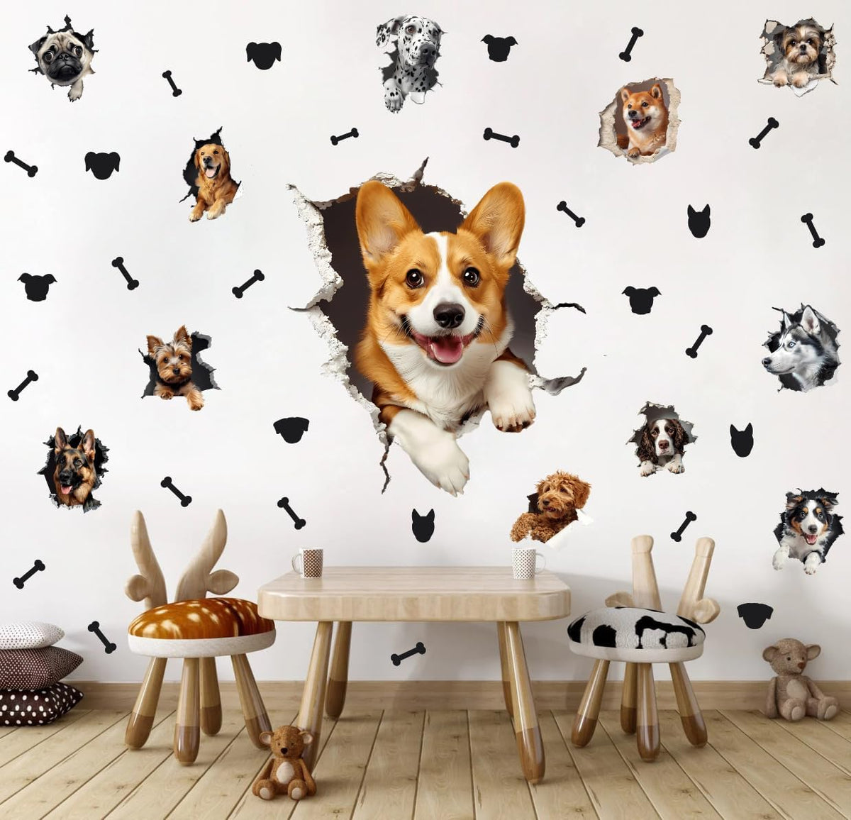 Large 3D Dogs Wall Stickers,Lovely Pet Dog with Bone Vinyl Wall Decals, Removable Dog Crack Hole Wall Art for Dogs Lover Bedroom Playroom Pet Shop Decor