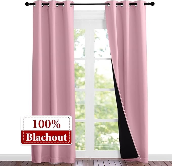 NICETOWN Crystal Pink Full Shade Curtain Panels, 37" Wide x 80" Long, Pair of Thermal Insulated & Energy Efficiency Blackout Curtains for Living Room Windows, Lined Silky Performance Window Dressing