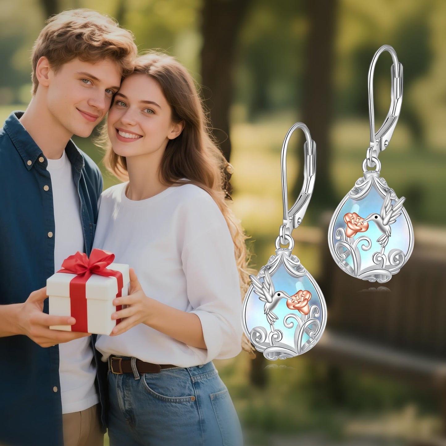 POPLYKE Moonstone Hummingbird Teardrop Drop Dangle Earrings Sterling Silver Leverback Earrings Moonstone Jewelry Gifts for Women