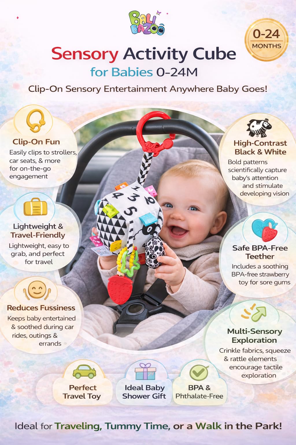 Balibazoo Sensory Activity Cube for Babies 0-24M - High-Contrast Black & White Developmental Toy | BPA-Free Silicone Teether, Crinkle, Rattle Rings | Clip Attachment | Gift for Newborns
