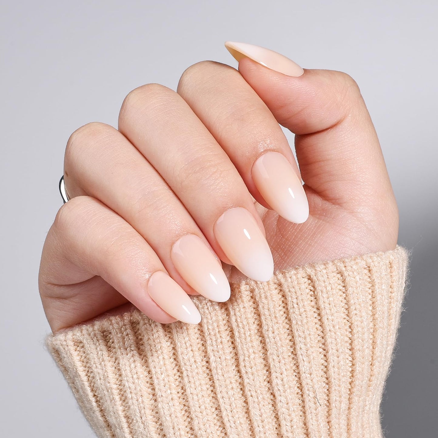 Ombre Press On Nails Short - Almond Ombre French Tip Press On Nails, Reusable Fake Nails Kit with Glue, 32 Nails in 16 Sizes | Salon Quality