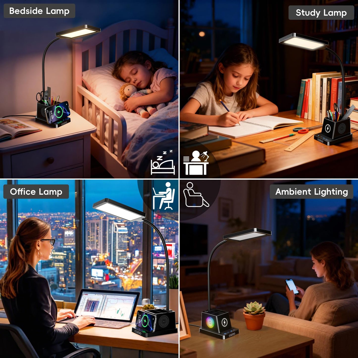 cozoo LED Desk Lamp for Home Office, 15W Bright Desk Light with Wireless Charger Pen Holder, Gooseneck Small Table Lamp for Bedroom, Study, Reading, Work, Task, Craft, College Dorm Room Accessories