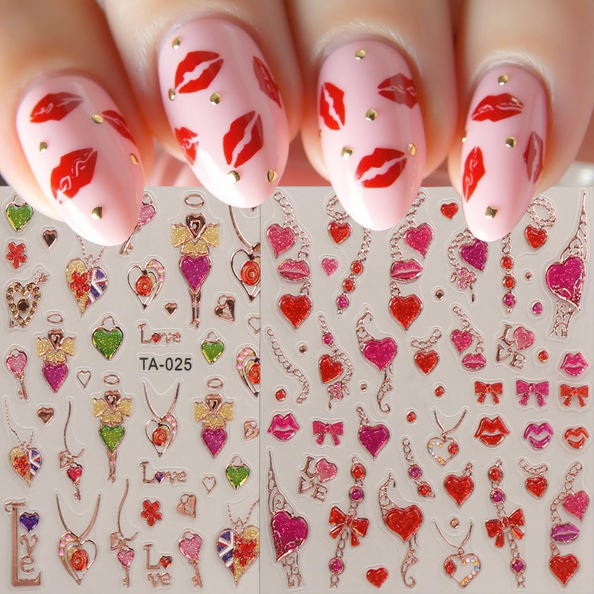 2 Sheets 5D Embossed Valentines Nail Art Stickers Glitter Pink Red Heart Bow Red Lips Nail Decals Love Key Chain Nail Design Stickers Self-Adhesive Romantic Valentine's Nails Supply for Women Manicure