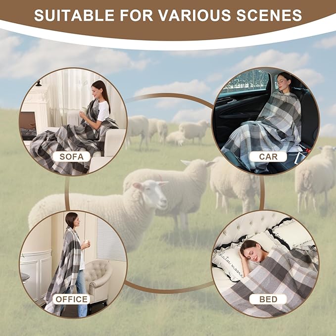Throw Blanket Plaid with Carry Bag | Soft Wool Travel Blanket 55"x83" 1.5lbs | Gray and White Plaid Decorative Throw for Couch, Camping & Gift