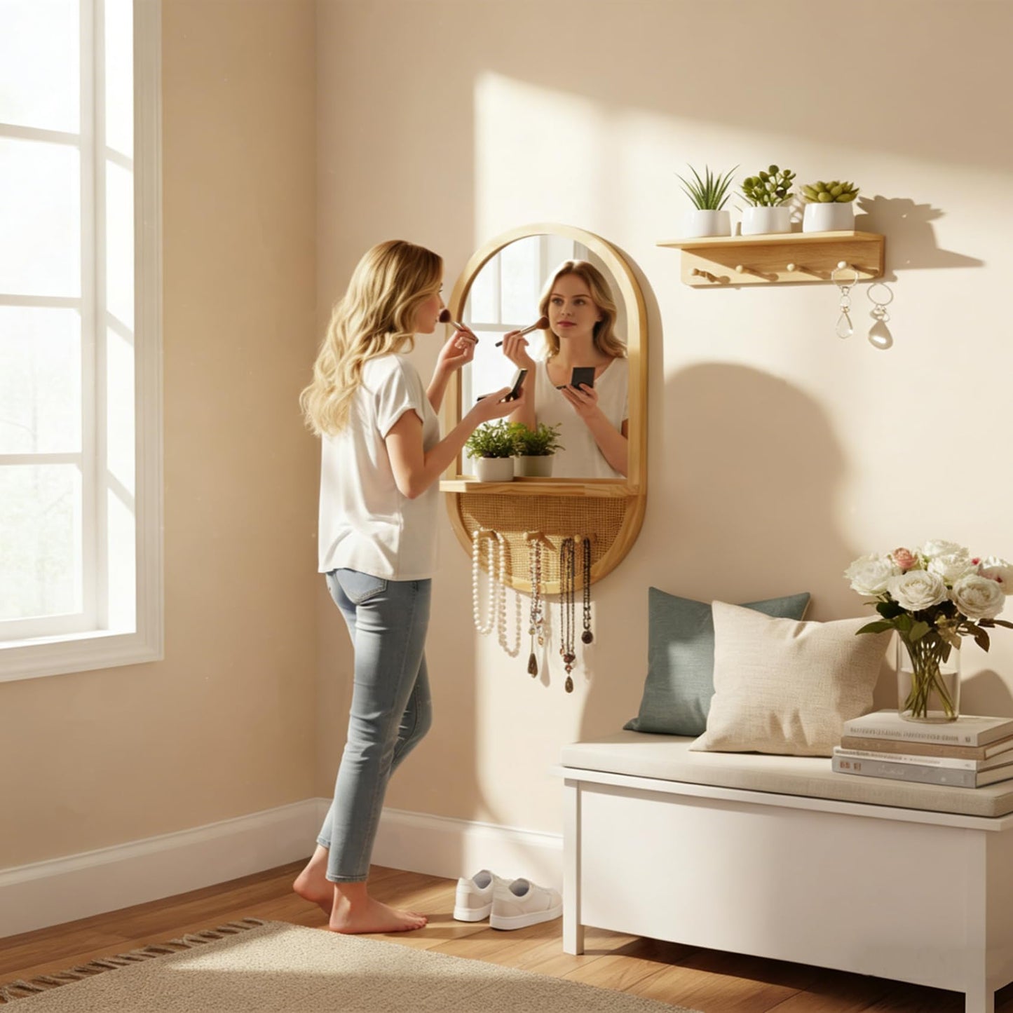 YXDXF Wood Wall Mirror with Hooks, 30x18 Inch Boho Wall Mirror with Removable Shelf, Oval Solid Wood Framed, Handmade Rattan Mirror Decor Accent for Entryway, Bathroom, Nursery, Bedroom, Living Room