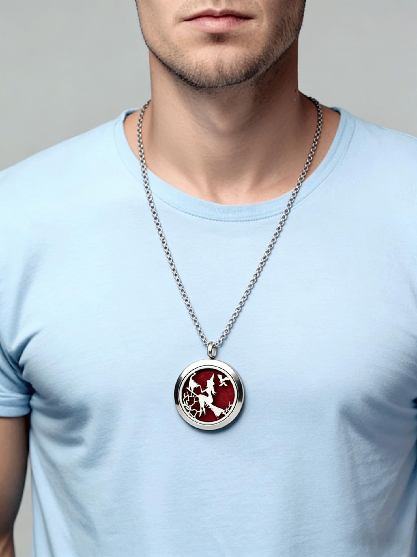 Popeoiuh Essential Oil Diffuser Necklace - Aromatherapy Jewelry Halloween Stainless Steel Magic Witch Locket Pendant with 24 Inches Chain + 8 Washable Refill Pads Birthday