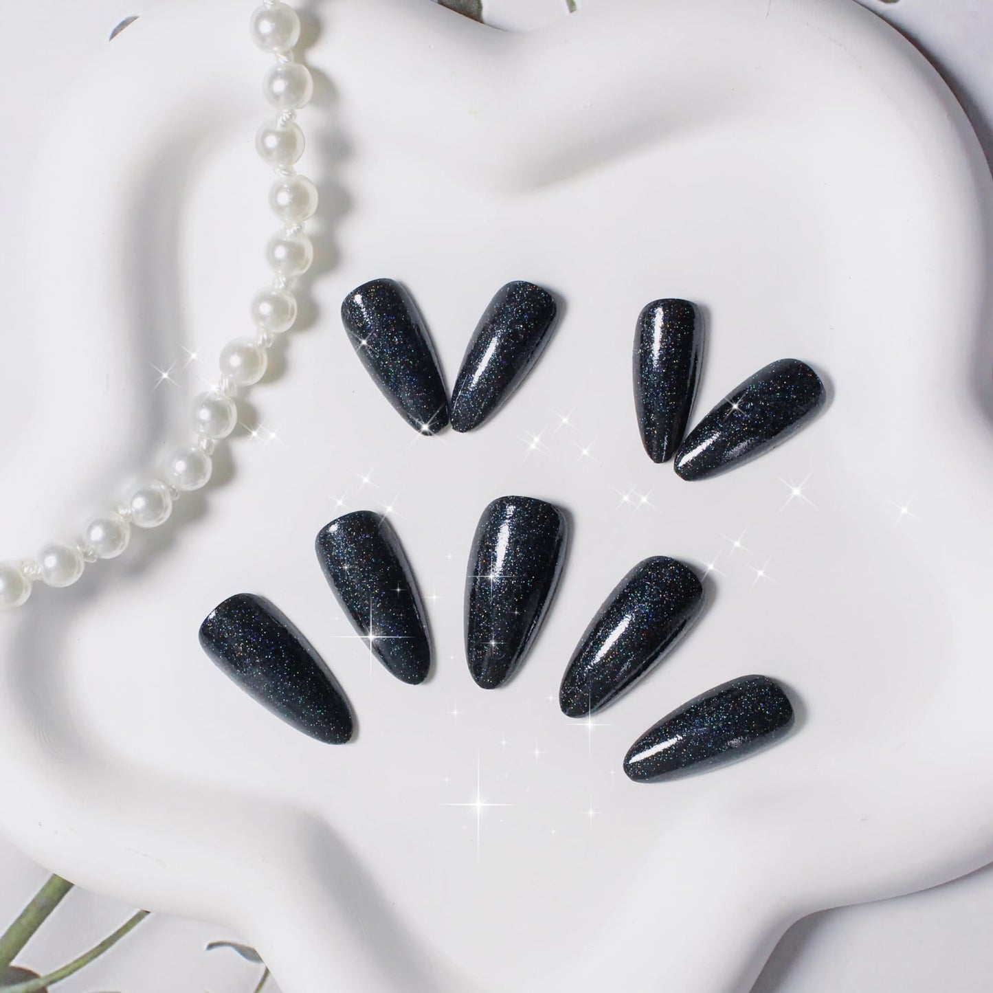 KQueenest Glitter Black Press on Nails Almond Medium Length, Iridescent Shimmer Acrylic Fake Nails Press ons, Glossy Sparkly Glue on Nails Medium False Nails for Party Decoration 24 Pcs