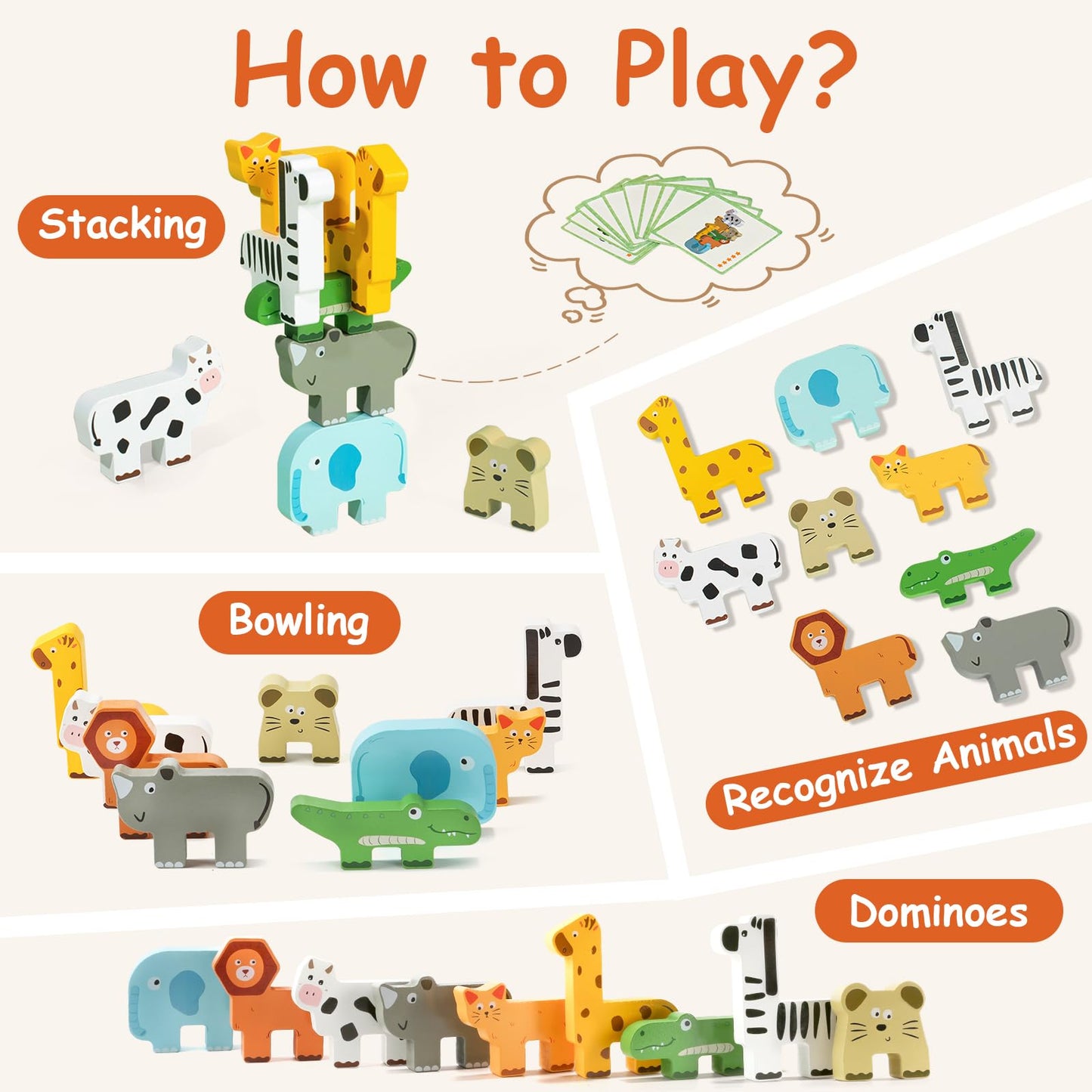 JugueteLand Wooden Animal Stacking Puzzle Toy, Educational Balancing Activity Toy for Kids, Wooden Zoo Animal Building Blocks Stacker & Bag, Stacking and Balance Toys for Toddlers 2-4 Years