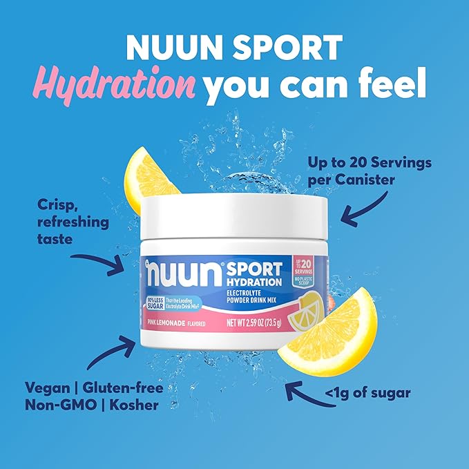 Nuun Sport Electrolyte Powder Drink Mix with Magnesium, Calcium, Potassium, Chloride, and Sodium, Pink Lemonade Flavor, Gluten Free & Vegan, Up to 20 Servings
