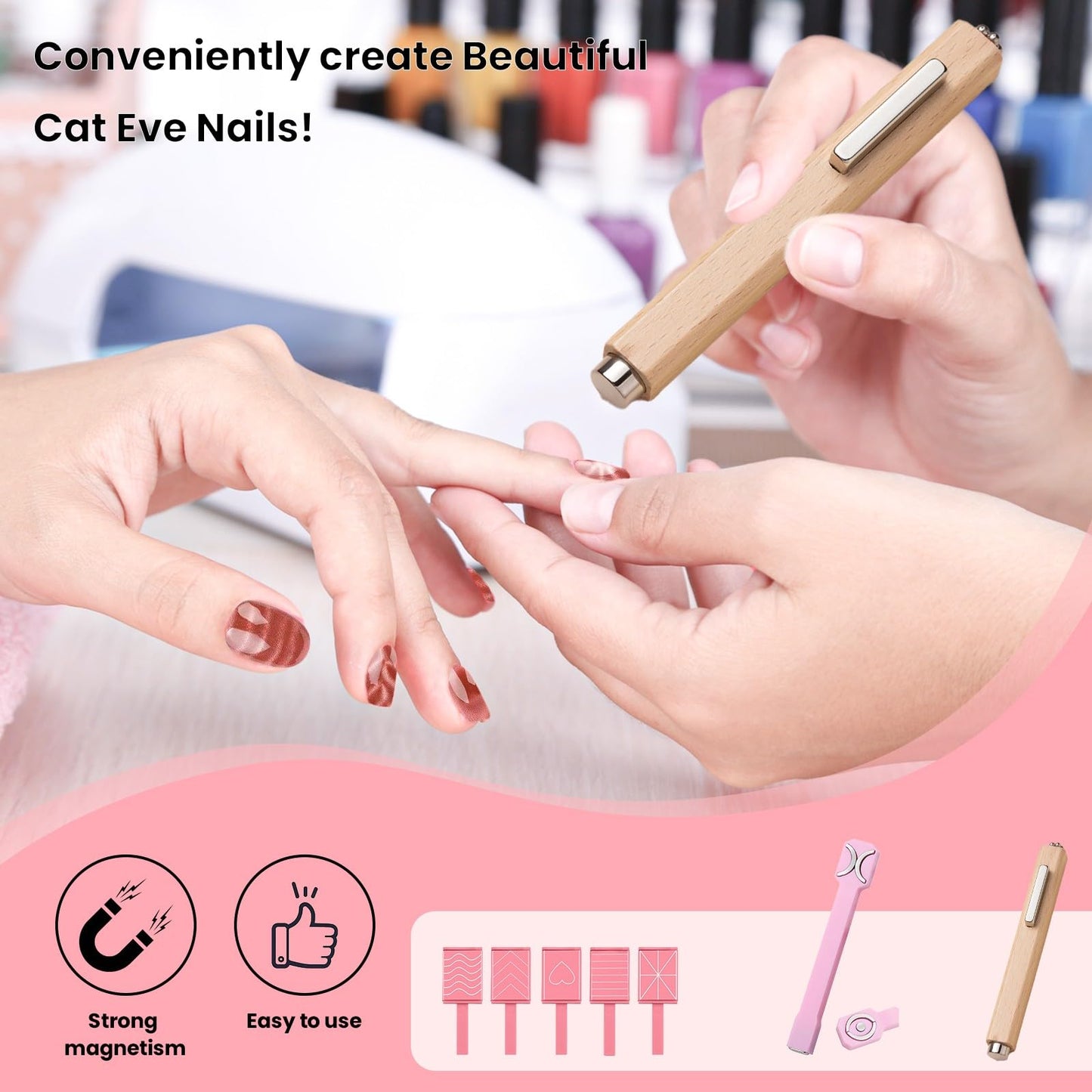 3 in 1 Nail Magnet Tool 7Pcs Cat Eye 3D Nails Art Cat Eye Gel Nail Polish Magnet Multi-Function Nail Magnet Stripe Cat Eye Gel Nail Polish Magnetic Wood Tools for Nail Salon DIY