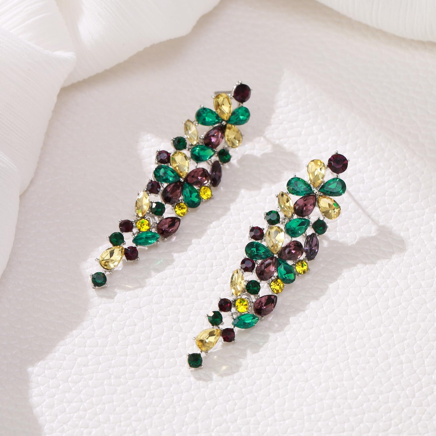 EleQueen Wedding Dangle Earrings, Elegant Floral Crystal Jewelry for Bride Bridesmaid Green Yellow Purple-Tone