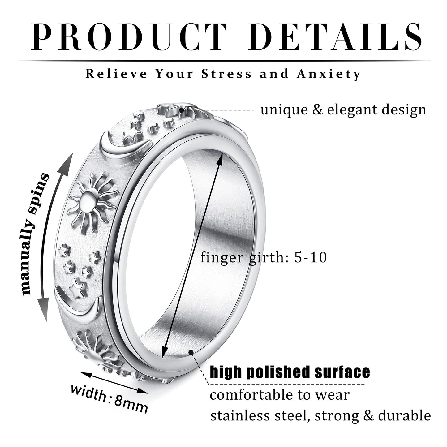 Magitaco Stainless Steel Spinner Rings Fidget Band Rings Moon Star Flower Butterfly Anxiety Rings for Women Men