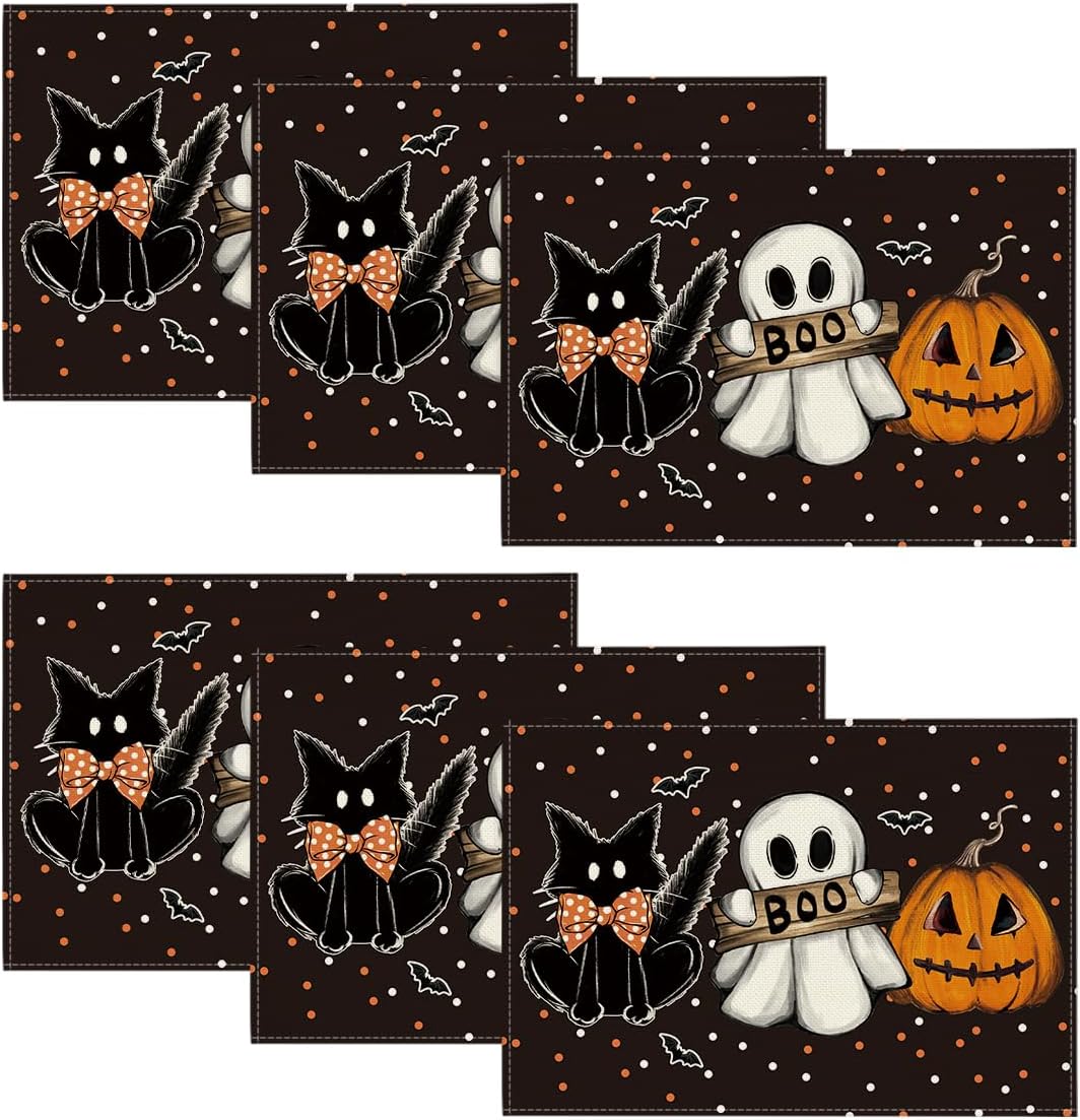 Artoid Mode Polka Dot Ghost Pumpkin Cat Boo Halloween Placemats Set of 6, 12x18 Inch Seasonal Fall Table Mats for Party Kitchen Dining Decoration