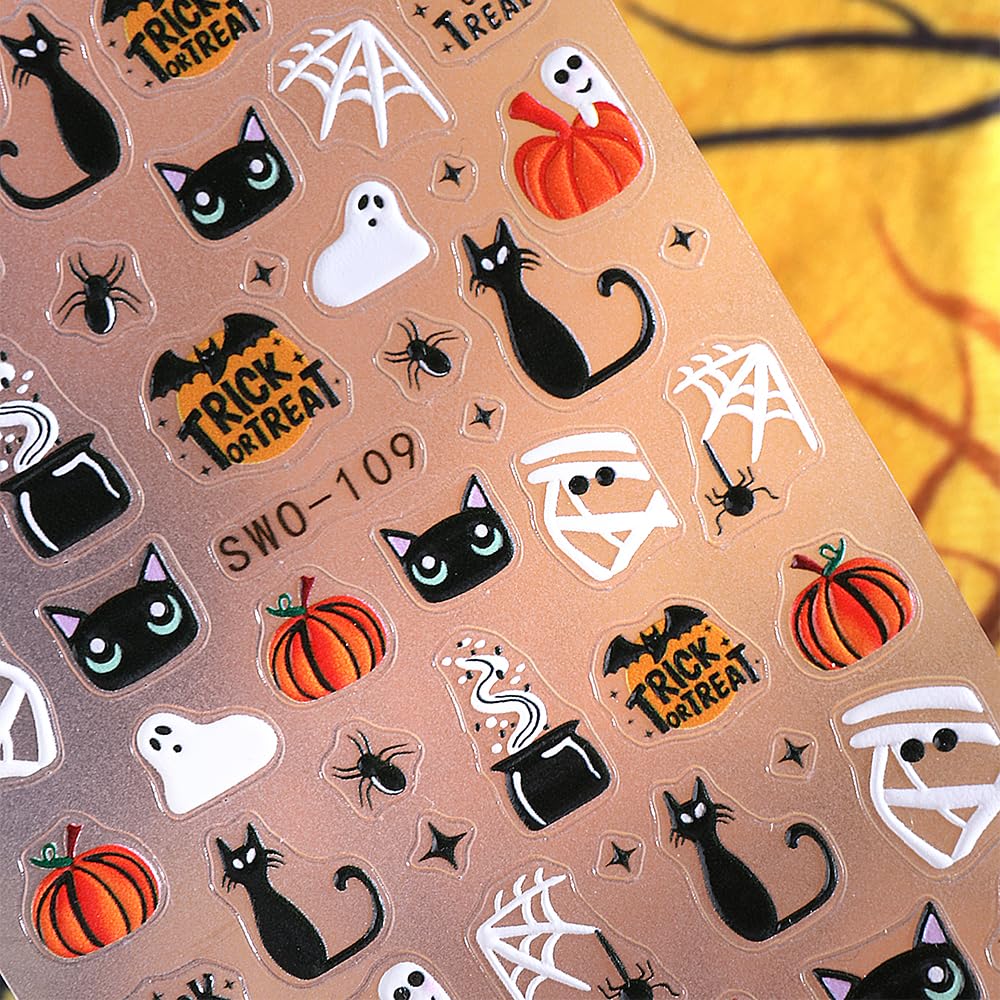 4 Sheets Halloween Nail Stickers for Nail Art Scary Black Cat Mummy Spider Web Nail Art Stickers 5D Spider Pumpkin Nail Decals Self-Adhesive Ghost Skeleton Nail Supplies for Women Nails Decoration