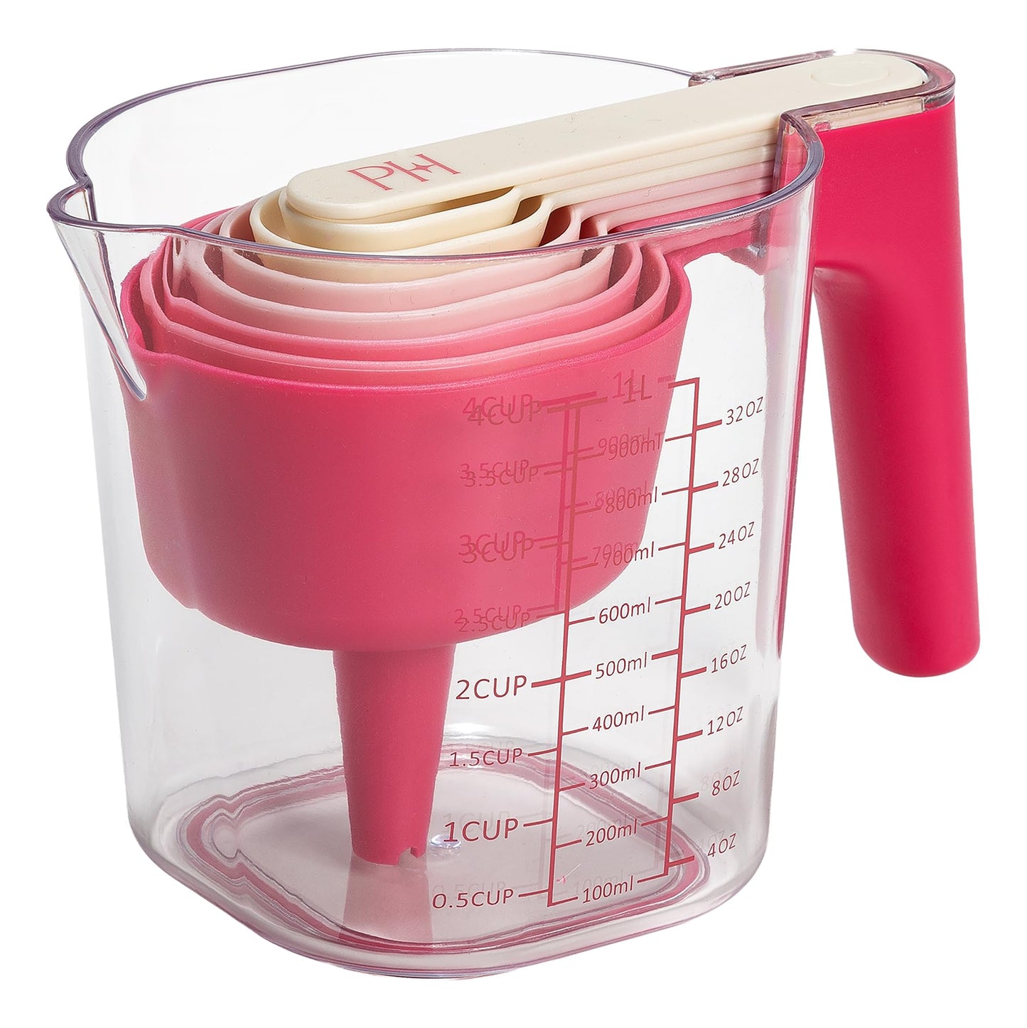 Paris Hilton 9-Piece Measuring Set, Durable Plastic Measuring Cups and Spoons With Funnel and Leveler, Dishwasher Safe, Pink