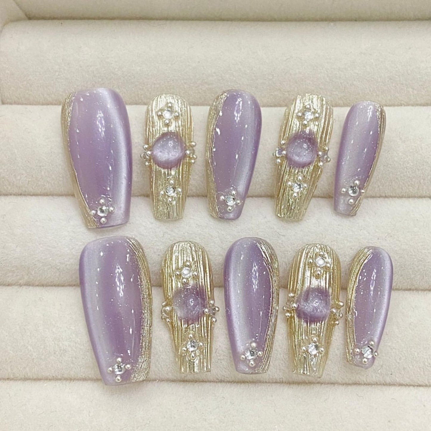 RENBING handmade press on nails short,coffin fake nails with designs,10 pcs high hardness acrylic nails press ons,3d cute false nails for women-Purple buccellati(S)