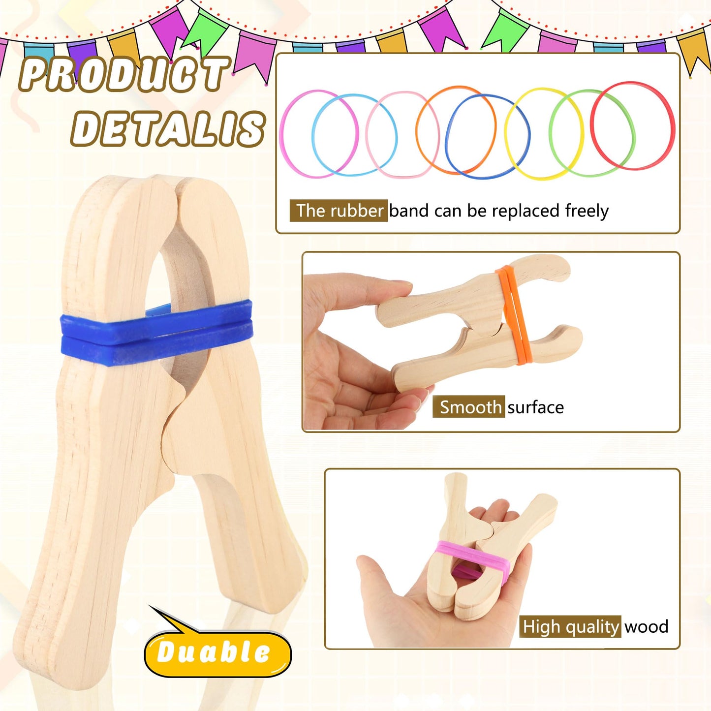 Norcoin 16 Pack Wooden Blanket Fort Clips with Silicone Bands Wood Play Clips for Kids Fort Building Kit for Creative Play Crafts and Classroom Activities