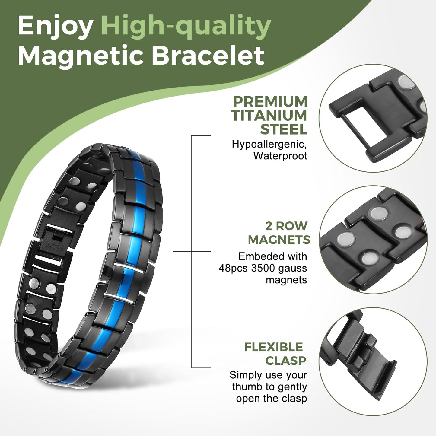 MagEnergy Magnetic Bracelets for Men, Titanium Steel Magnetic Bracelet with Double Row magnets, 9.0'' Adjustable Link Bracelet Jewelry Gift (Sizing Tool)