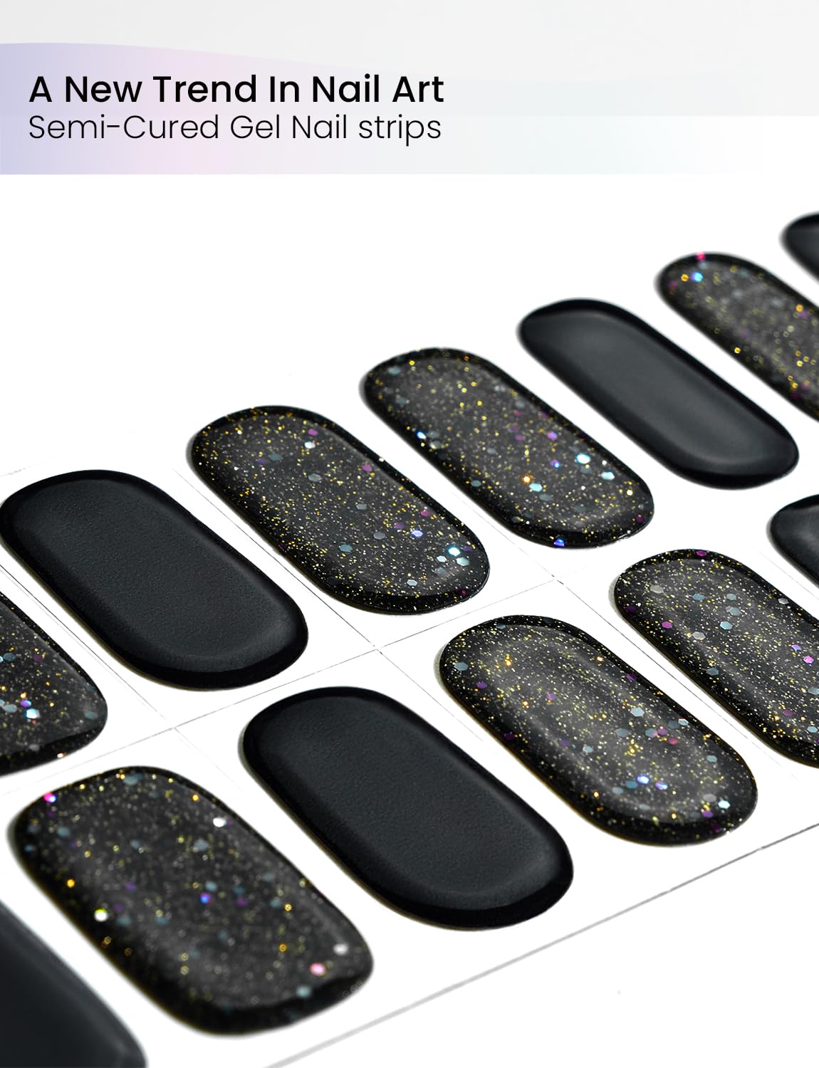 Oauee Semi Cured Gel Nail Strips | Built-In Gel Top Coat | UV Light Required | Salon Quality, Easy Application And Removal (Black Sparkle)