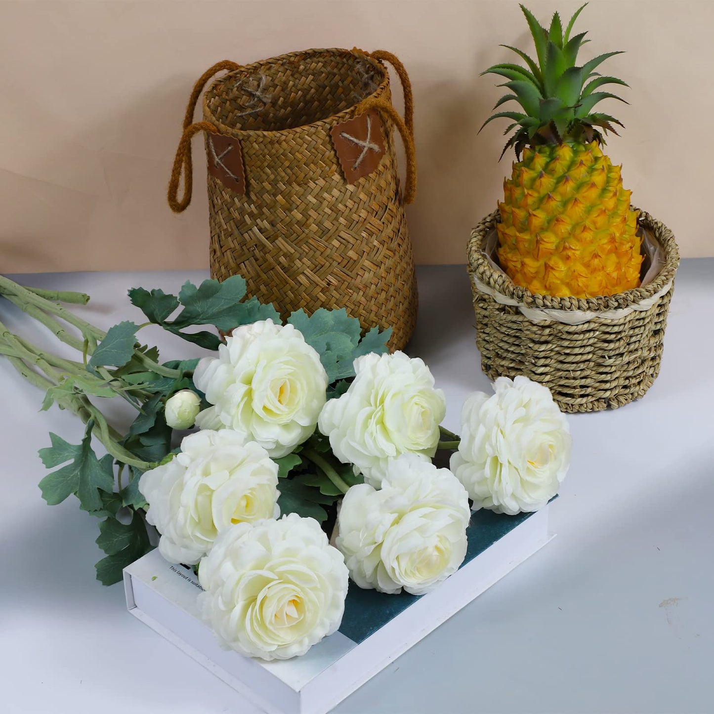 GLSATEMAN Artificial Ranunculus Long Stem Buttercup Silk Flowers 6pcs for Home Decor and Wedding Decorations(White 1)
