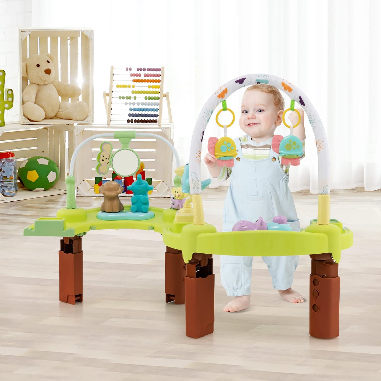 BABY JOY Baby Bouncer Activity Center, 3 in 1 Activity Center & Table | Infant Play Mat, Bouncing Activity Saucer w/Music, 3 Adjustable Height, 360° Seat for Babies 0-24 Months (Green)