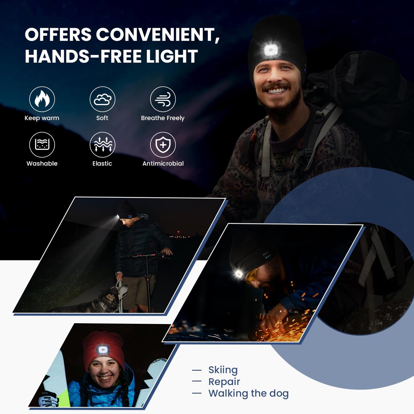 Bluetooth Beanie Hat with Light for Men 2 Pack, LED Beanie with Light Built in Unisex USB Rechargeable, Headlamp Cap with Wireless Headphones Built-in Speaker Mic Gifts for Men Dad Teen (Black+Orange)