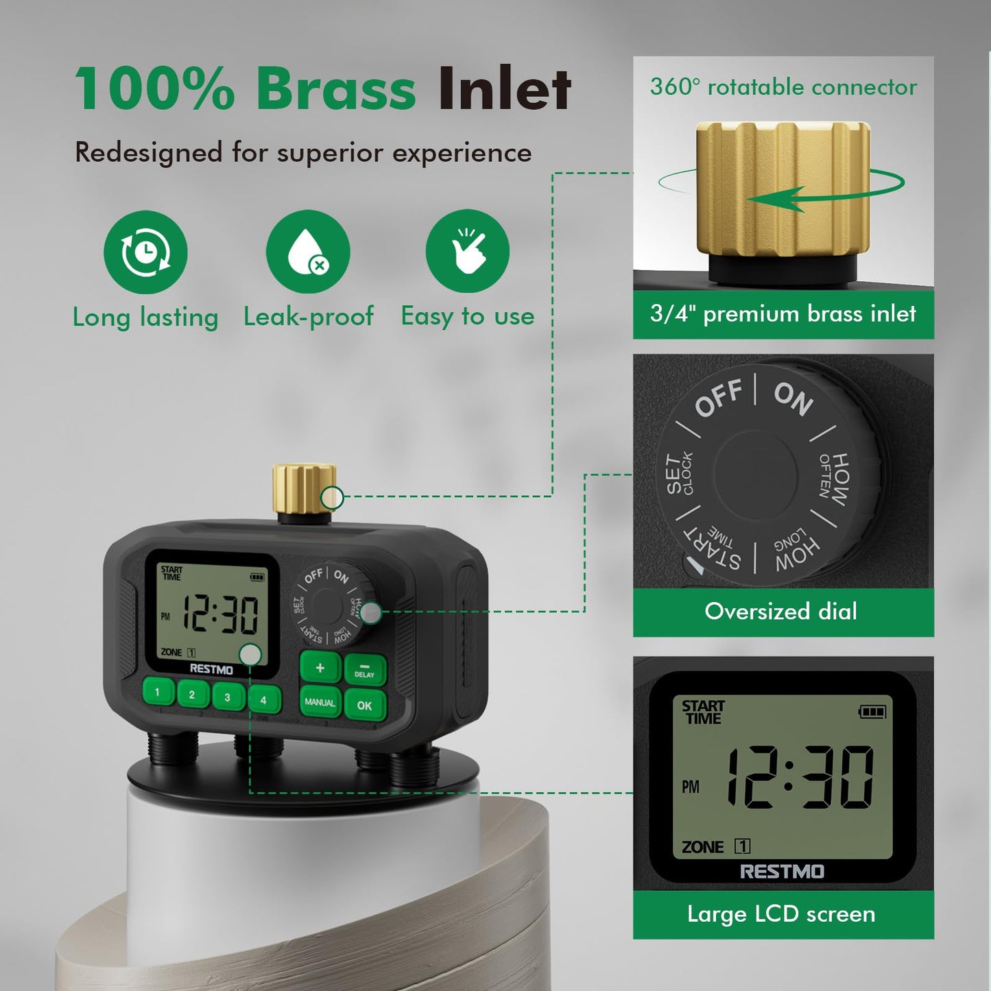 RESTMO Sprinkler Timer for Outdoor Hose Faucet 4 Zone, Up to 11h59m Programmable Watering Timer for Soaker Hose, Misting with Brass Inlet & Large Dial, Rain Delay/Manual/Automatic Irrigation System