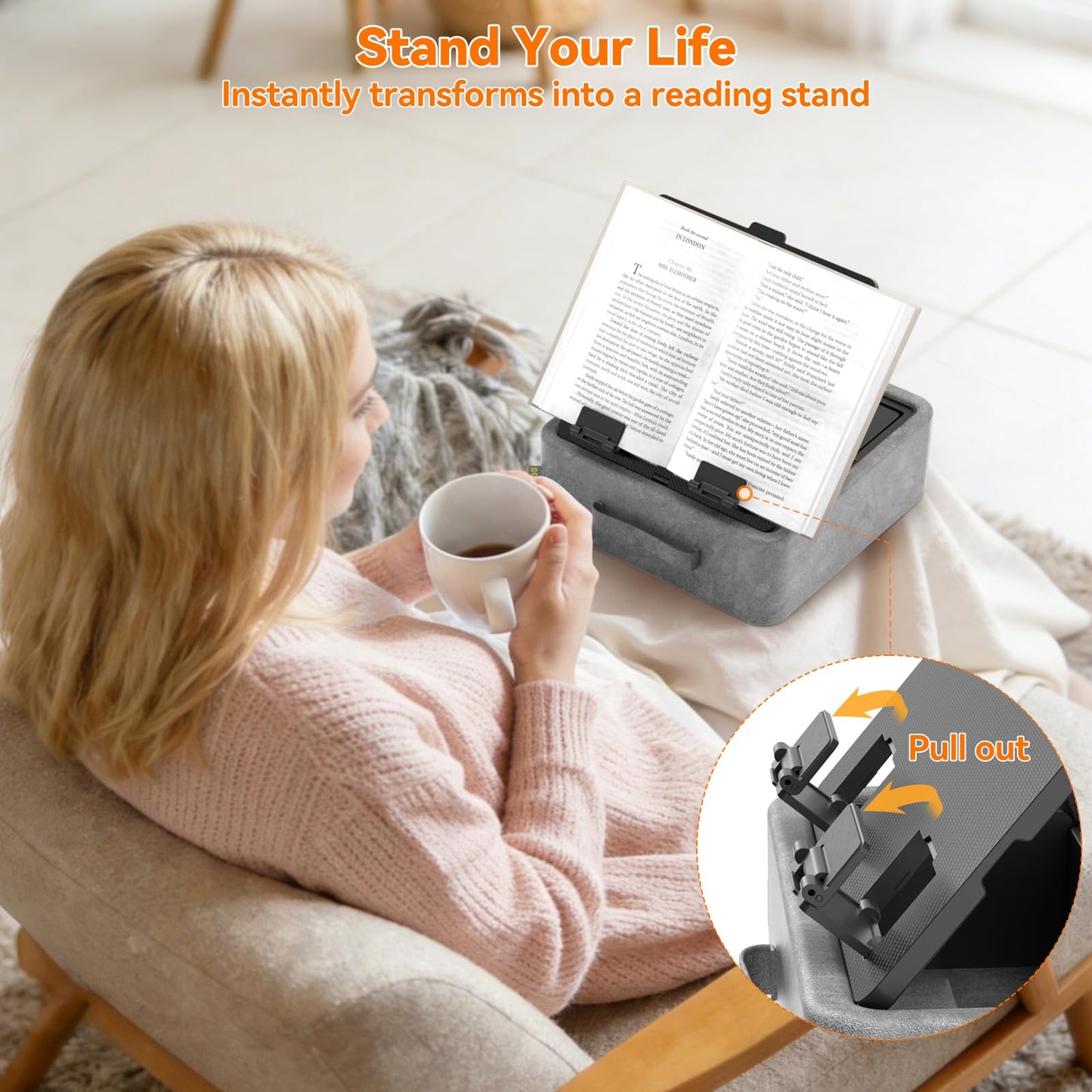 KDD 5 in 1 Tablet Pillow Holder, Foldable Book Stand for Reading with Storage Tray, Pen Slot and 2 Cup Holders, Adjustable iPad Stand for Lap, Bed, Desk and Couch Compatible with Tablet and Book