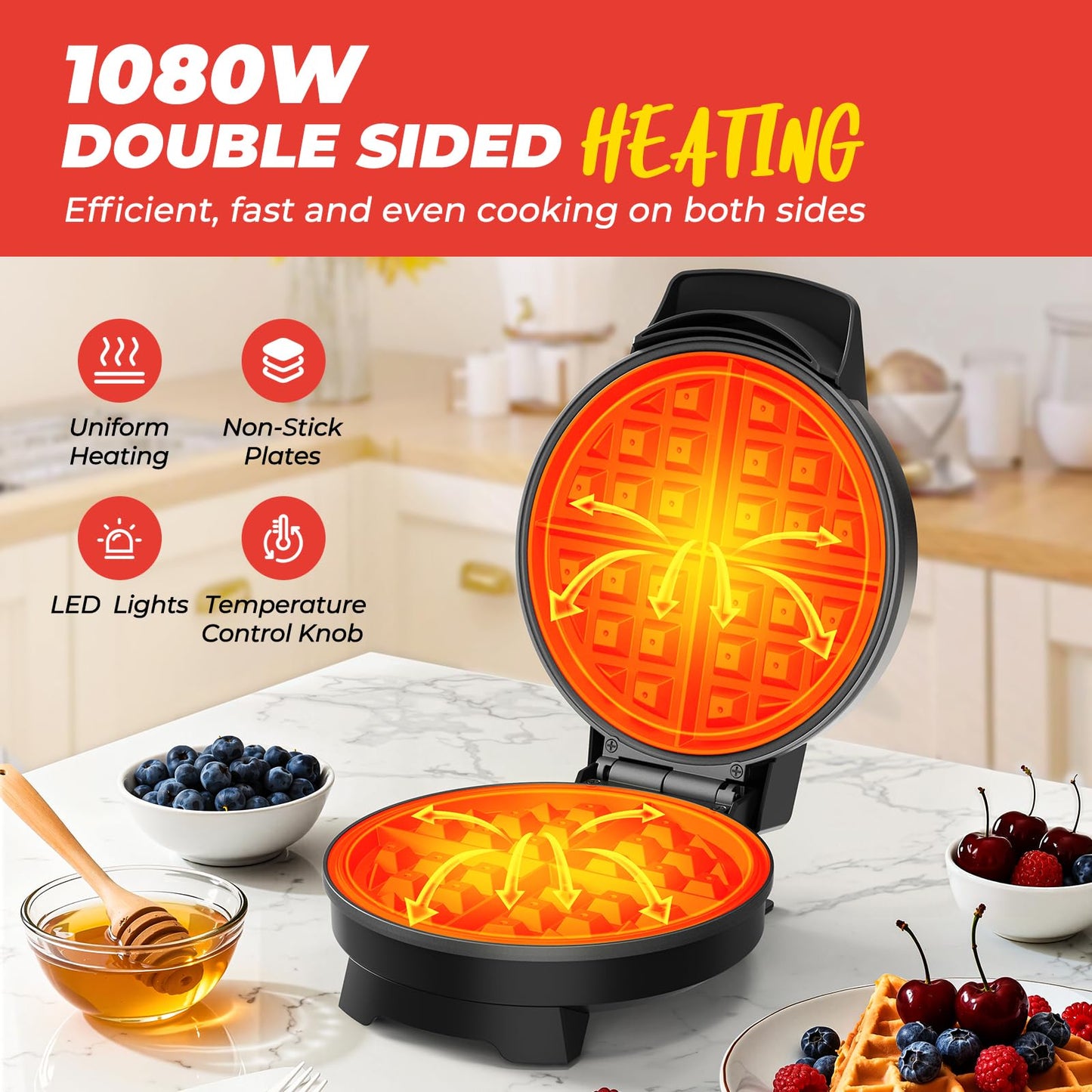 Waffle Maker, 7“ Round Classic Belgian Waffle Iron, Adjustable Browning Control, Easy-Clean Nonstick Plates & Cool Touch Handle, Space Saving Storage, Stainless Steel