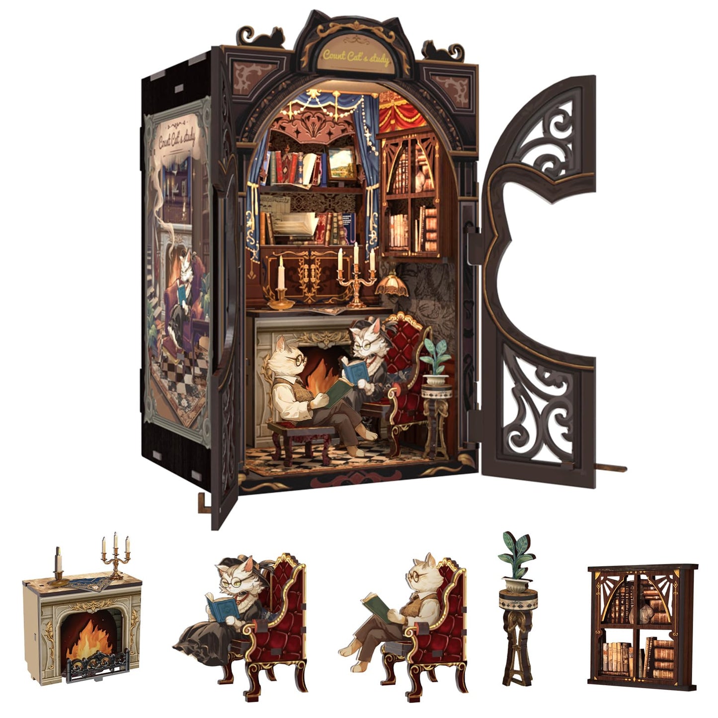 Fsolis Book Nook Kit Cat, DIY Scene Miniature Kit 3D Wooden Puzzles for Adults Booknook for Beginners Bookshelf Nook Decor Mini Building House, Gift for Women Readers Book Lovers (Count Cat's Study)