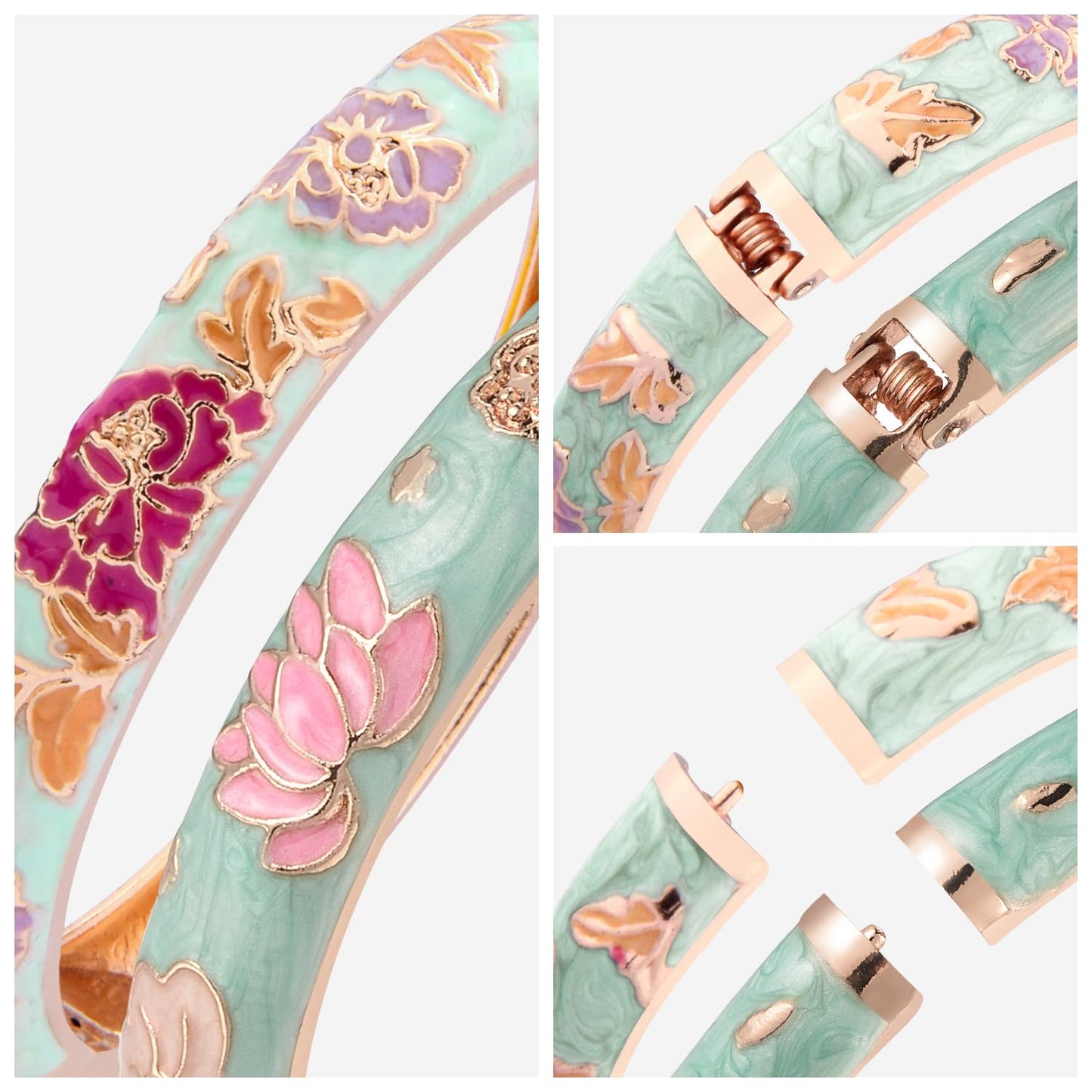 UJOY Vintage Cloisonne Bracelets Flower Enameled Jewelry Plated Cuff Bangle for Women Gift Box 55A35-55A113 Light Green