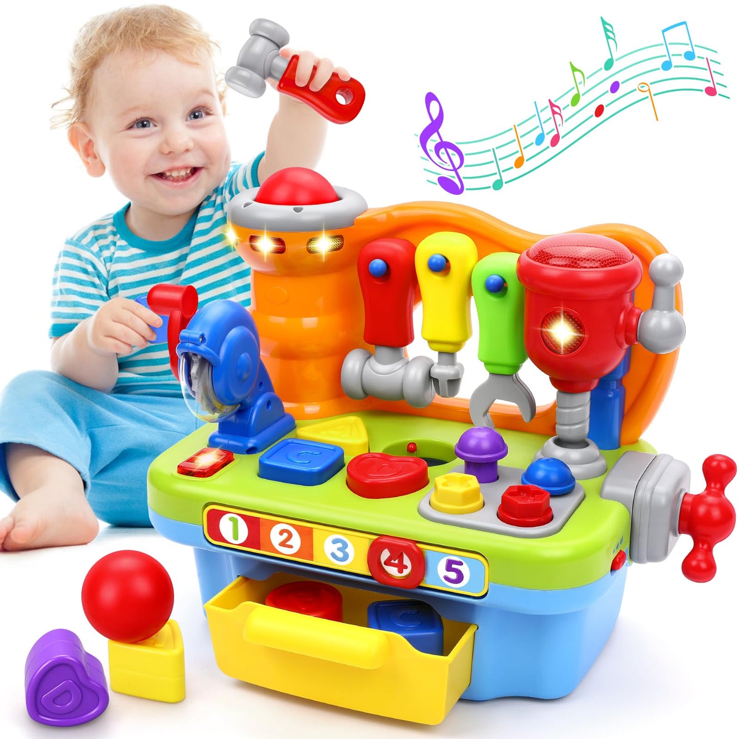 ORWINE Toys for 1 Year Old Boy, Musical Toddler Tool Bench, Montessori Educational Toys with Sound Lights Effect, Shape Sorter, One Year Old Boy Birthday Gift, Engineer Pretend Play Workbench