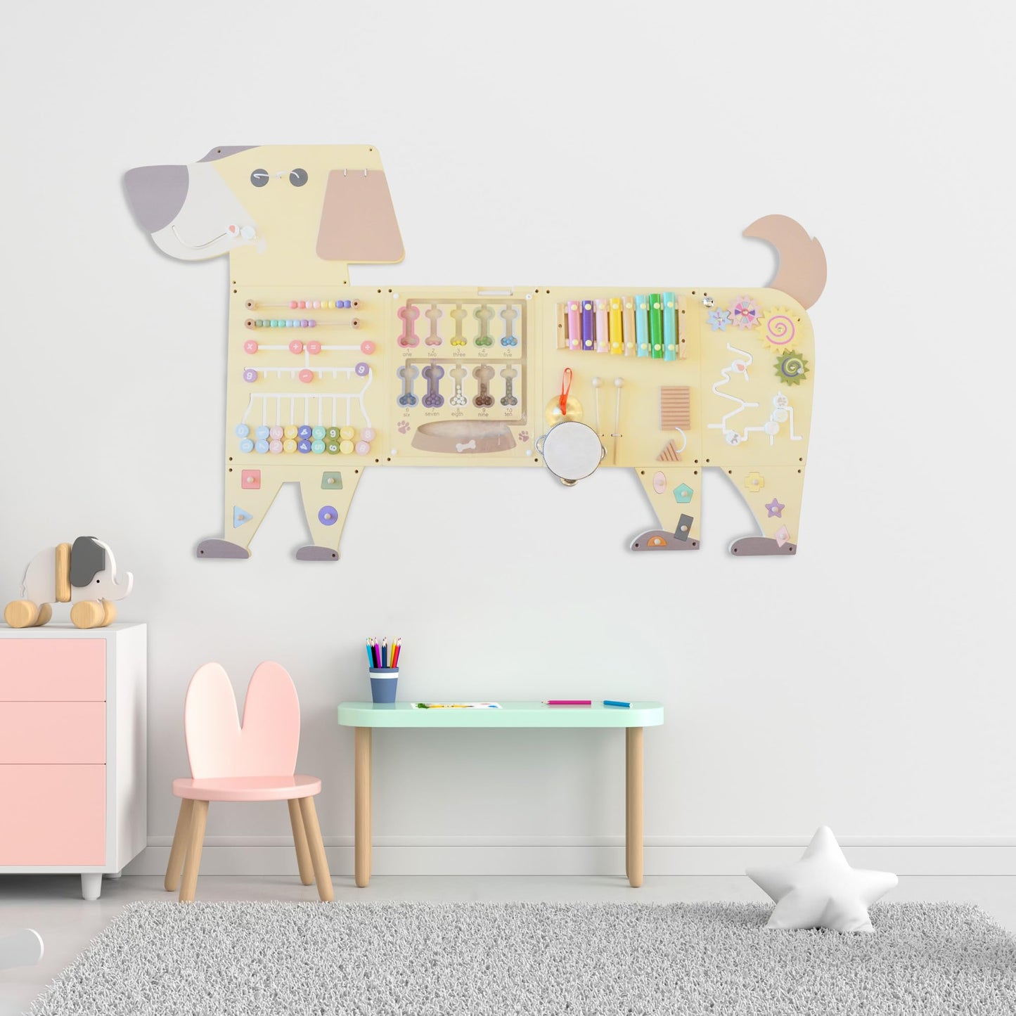EsterFlare Dog Activity Wall Busy Board Panels, Toddler Learning Activity Center, Montessori Sensory Activity Board, Educational Toys for Children’s Playroom & Daycare