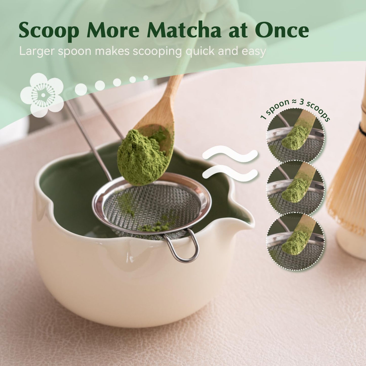 ChaseWind Matcha Set, 8Pcs Floral Ceramic Matcha Kit with Matcha Whisk, Holder, Scoop, Scoop Rest, Sifter, Spoon and Tea Towel - Thoughtful Matcha Whisk Set Gift for Matcha Lovers (Beige & Green)