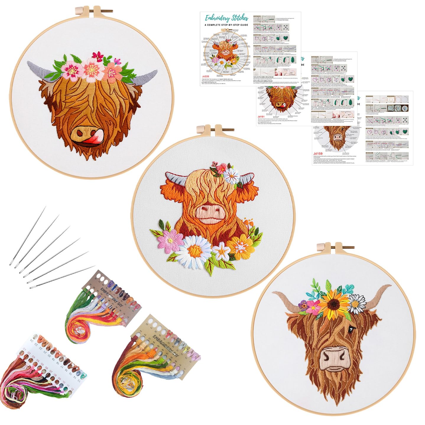 Louise Maelys 3 Sets Highland Cow Embroidery Kits for Beginners,Cross Stitch Kit for Adults,Starters DIY Needlepoint Including Embroidery Hoop Cloth Needles Instruction and Threads