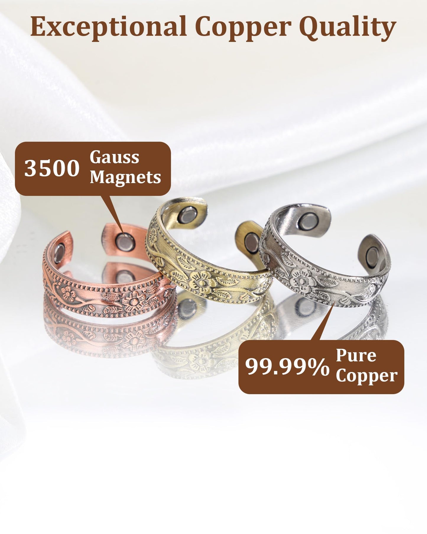 BioMag Magnetic Lymphatic Drainage Ring Set, 3 Pcs 99.99% Pure Copper Rings for Women with 3500 Gauss Magnets, Adjustable Size, Floral Branch and Leaf Pattern