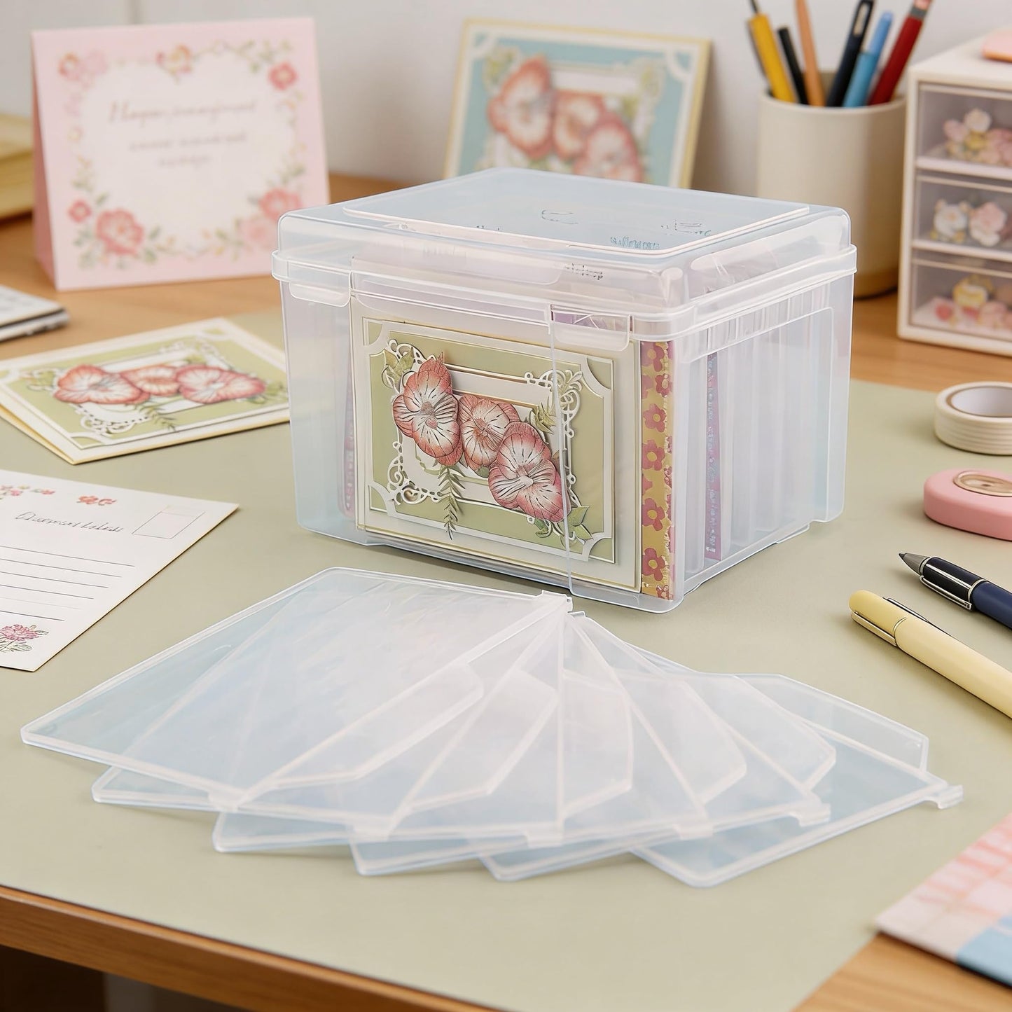 Find Scrapblooms Greeting Card Storage & Organizer Box with 6 Removable Dividers for Holiday Birthday Get Well Cards Photos, Crafts, Scrapbooking(Clear)