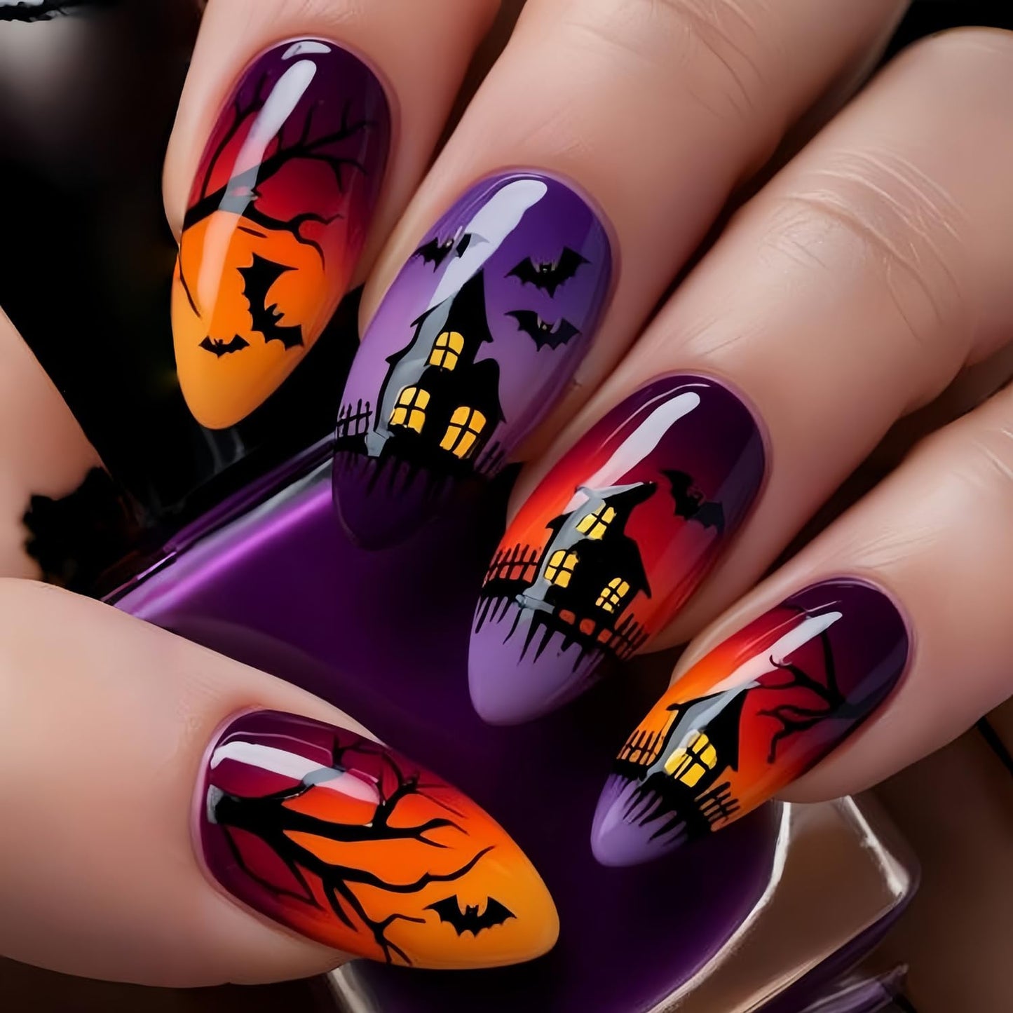 24Pcs Halloween Press on Nails Medium Bat Castle Pattern Design Halloween Nail Full Cover Glossy Artificial Acrylic False Nail French Almond Tip Medium Glue on Nails for Women Festival Decoration