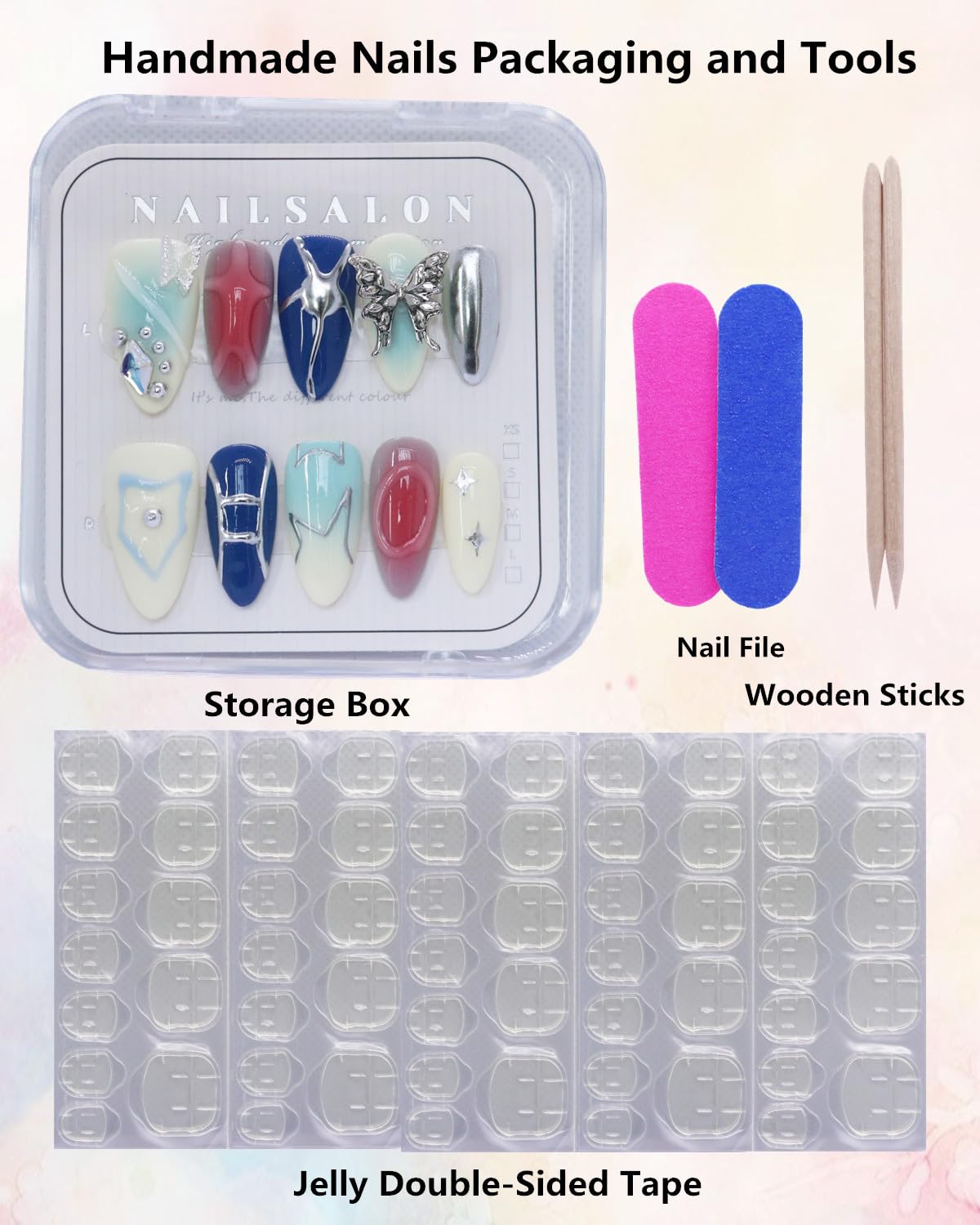 CAMILCY Luxury Handmade Press On Nails Almond Short Blue Silver 3D Butterfly Rhinestone Glossy Fake Nails Reusable Salon Quality Acrylic Nails for Wome 10pcs (A140, S)