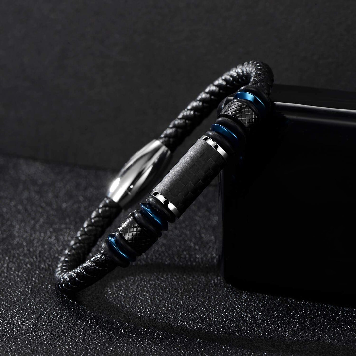 Zillaly Men's Stainless Steel Two-Tone Square Link diamond Bracelet in Black & Blue Ion-Plated Black (Blue)