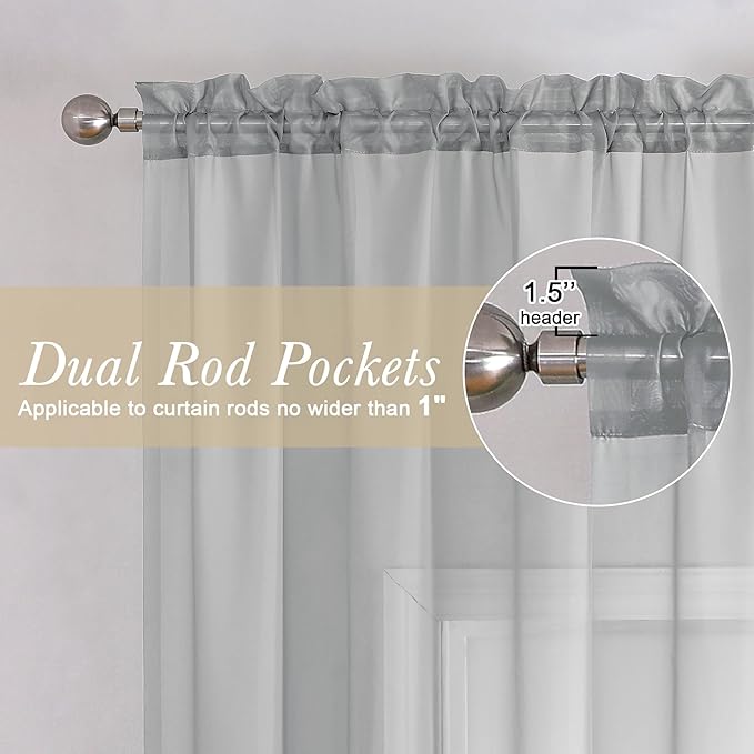 Lecloud Living Room Light Grey Sheer Curtains 72 Inch Long 2 Panels, Lightweight Solid Voile Silver Gray Curtain for Bedroom, Soft Gauzy Farmhouse Bedroom Drapes with Dual Rod Pockets, 40W x 72L