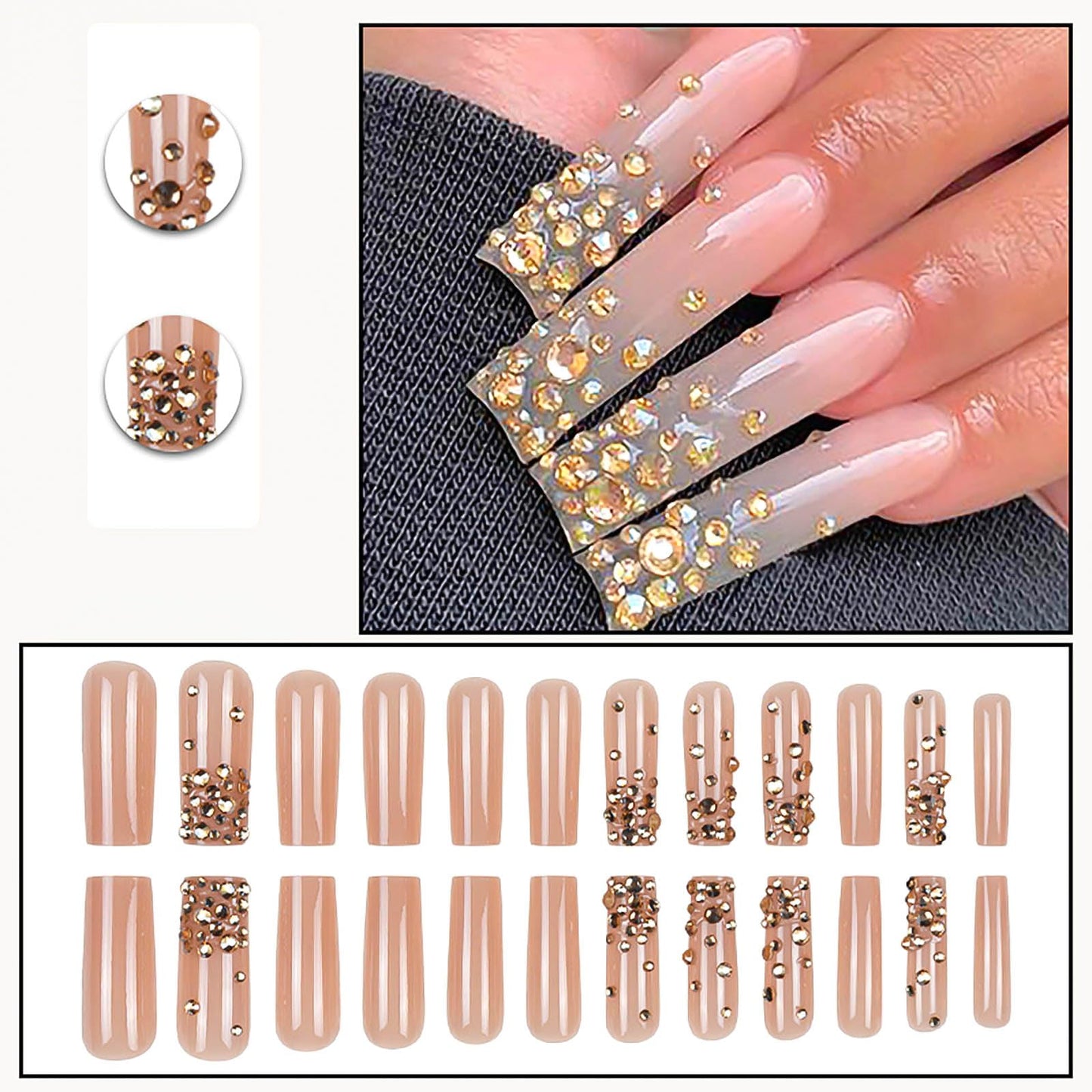 RUOKEXIN Long Square Press on Nails Gold Fake Nails Long False Nails with Gold 3D Rhinestones Designs Glue on Nails Glossy Artificial Nails Cute Stick on Nails for Women 24Pcs