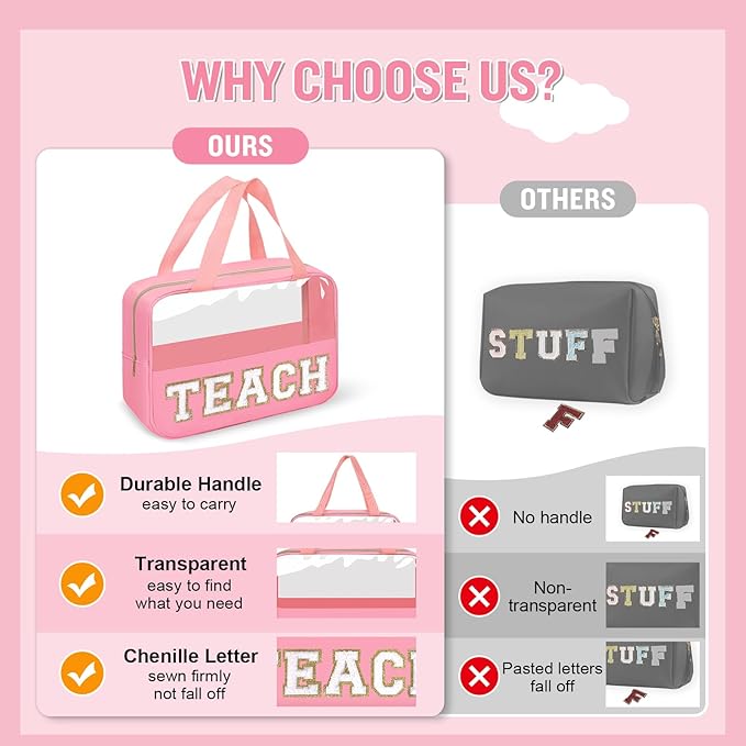 Teacher Appreciation Gifts Chenille Letter Clear Makeup Bag TEACH Pouch, Preppy Waterpoof Makeup Cosmetic Bag with Zipper Graduation Retirement Birthday Teacher Essentials Gifts for Women(TEACH-Pink)