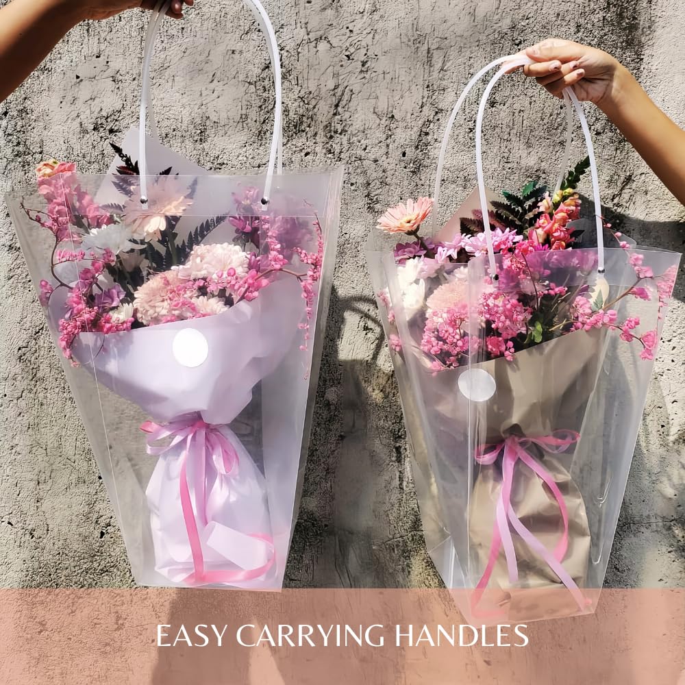 BBJ WRAPS Clear Flower Bouquet Bags with Handle Florist Shop Packaging Supplies, 5 Pcs (4 * 7 * 7.9 inch)