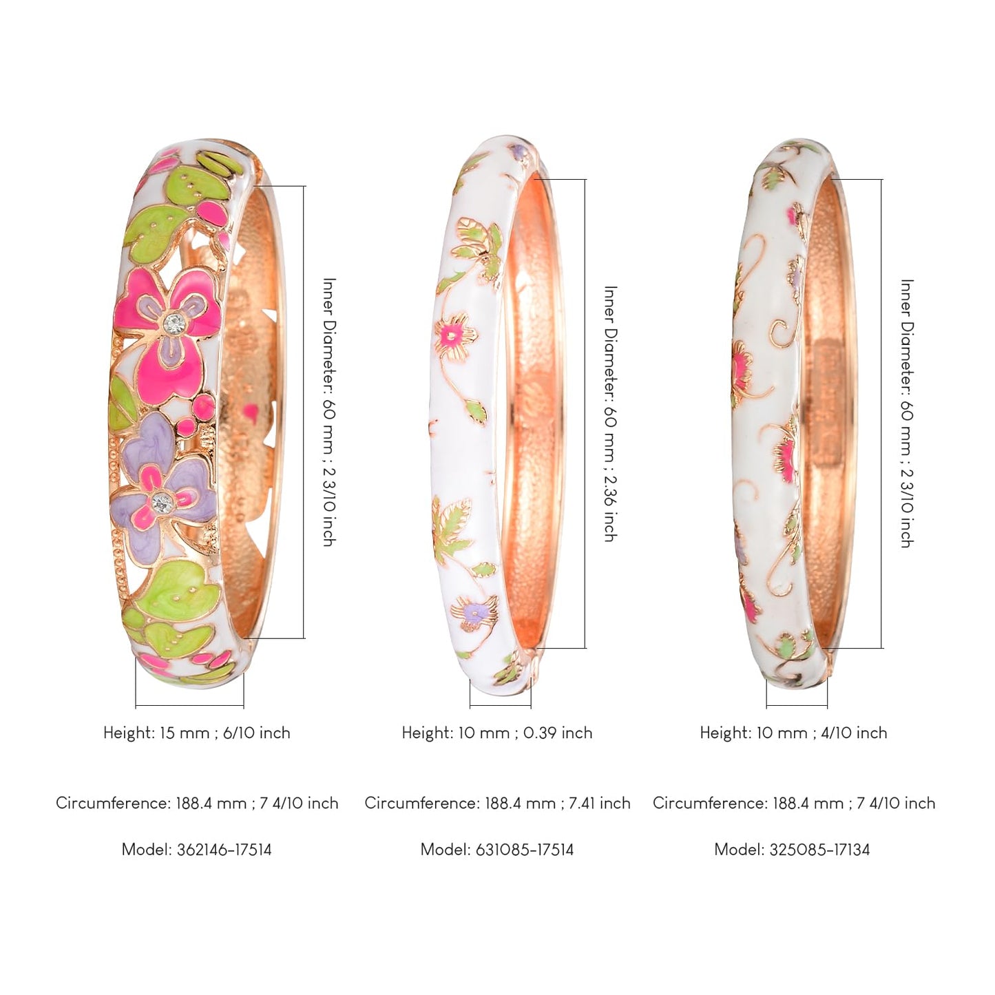 UJOY Vintage Cloisonne Bracelet Beautiful Flower Enamel Hinge Gold Plated Rose Bangles Jewelry for Women's Gifts 88A22 3pcs White